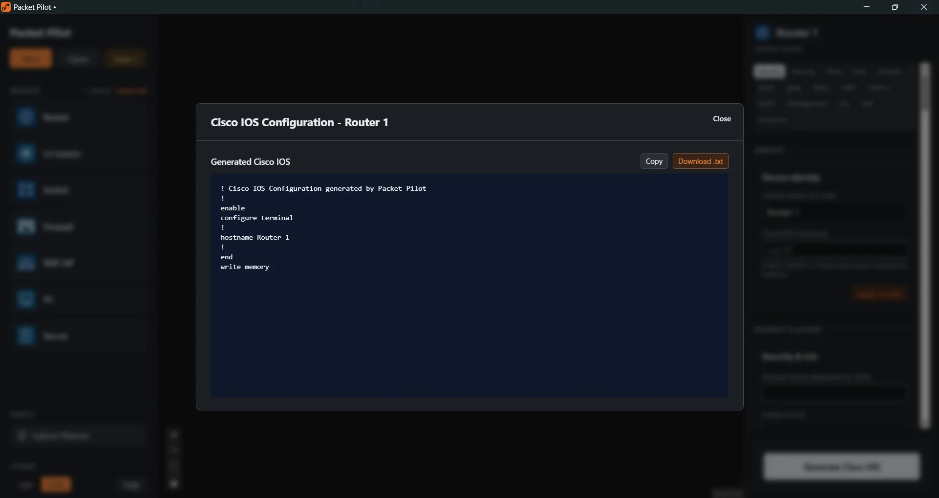 Packet Pilot dialog titled Cisco IOS Configuration, Router 1, showing the generated commands with Copy and Download .txt buttons.