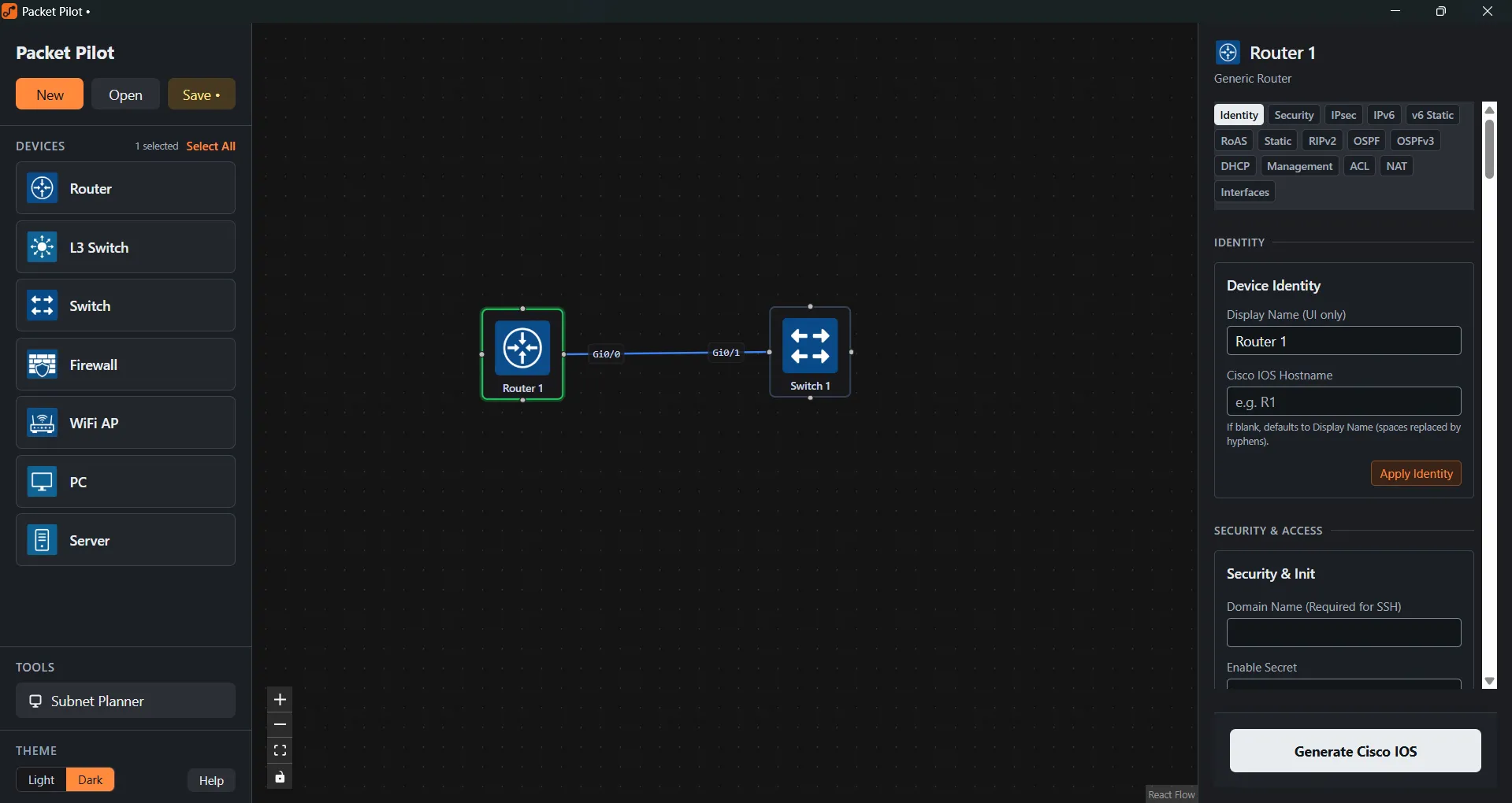 Packet Pilot workbench with a device palette, topology canvas and configuration panel.